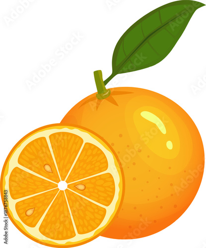 Orange fruit with leaf showing a sliced half