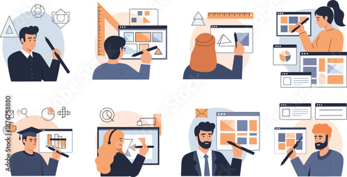 User interface design workflow illustration set showing designers creating wireframes layouts and digital prototypes vector