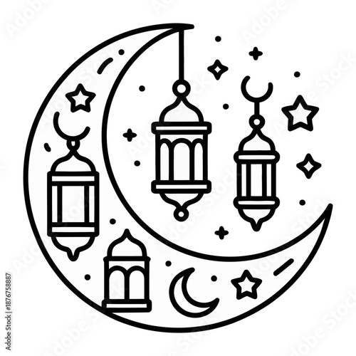 Eid Lanterns under the Moon: An illustration capturing the spirit of Eid with crescent moon and hanging lanterns and sparkling stars creating a festive atmosphere.