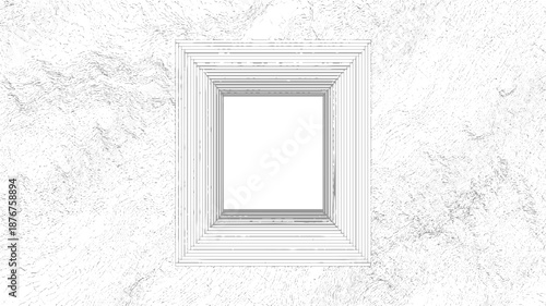 Geometric abstract composition featuring concentric square frames nested within a detailed textured background of wavy lines and organic patterns