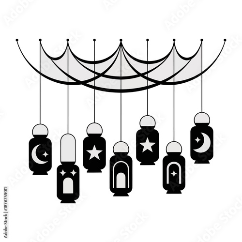 Mystical Lanterns: A collection of stylized lanterns, each adorned with celestial symbols, hanging delicately, evokes a sense of tranquility and cultural celebration. 