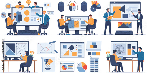 Data visualization and analytics workflow illustration with business teams analyzing charts dashboards and reports vector