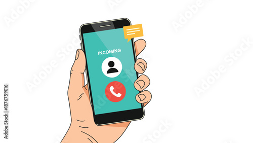 Human hand holding a smartphone showing an incoming call from a contact with a profile icon and red and green buttons.