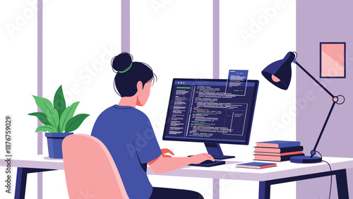 Female software developer working at a white desk with a computer monitor displaying lines of code in a bright and modern office.