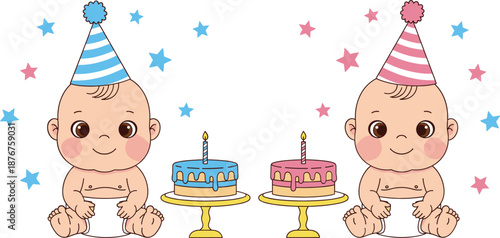 Cute twin babies celebrating birthday with party hats and cakes flat vector illustration for kids design