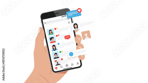 Person holding a mobile phone displaying a social media feed with profiles, comments, likes, and heart notification bubbles.