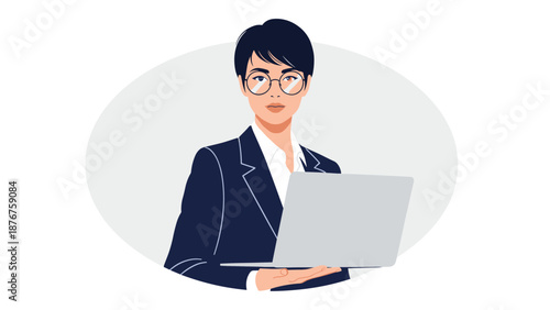 Elegant business woman with short hair and glasses wearing a dark suit and holding a laptop against a grey oval background.