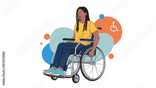 Confident black woman with long braids sitting in a wheelchair with colorful abstract circles and a disability icon in the background.