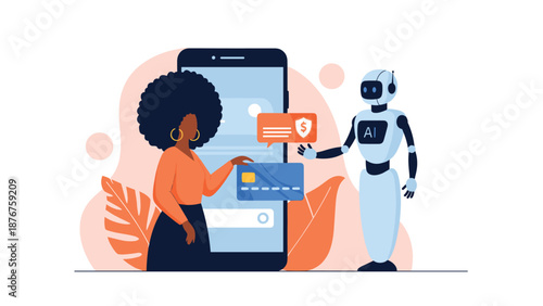 Black woman with a credit card interacting with an AI robot appearing on a large smartphone screen for financial assistance.