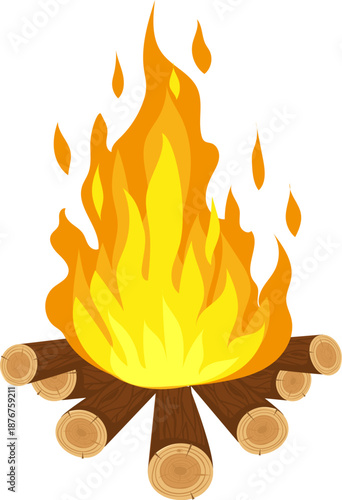 Campfire burning bright flames on stacked wooden logs