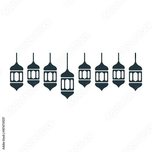 Elegant Lanterns: An array of stylized, ornamental lanterns hangs in a row. Their symmetrical design and intricate details evoke a sense of heritage and refined taste.