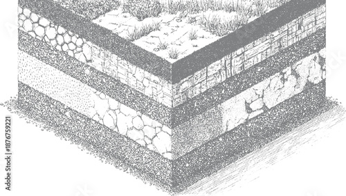 Isometric view of a detailed cross-section illustrating multiple distinct layers of soil and rock formations with grass and vegetation on the surface in a monochromatic style