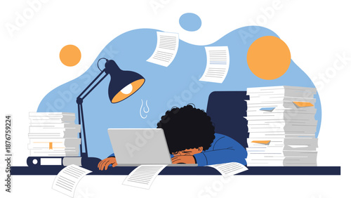 Exhausted person sleeping on a desk with a laptop and huge piles of paper under a lamp in a stressful office environment.
