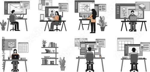 Professional workspace illustration set with designers developers working at desks using software dashboards vector