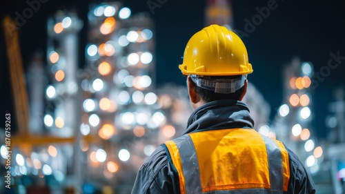 Mature asian male in safety gear surveys processing plant. Orange uniform contrasts industrial backdrop. Overcast atmosphere highlights focus on refinery. Neural network AI generated