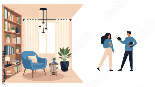 Cozy modern living room interior with a bookshelf and armchair next to two people standing and talking with books.