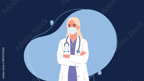 Confident female medical doctor wearing a white coat and a protective face mask while standing against a blue background.