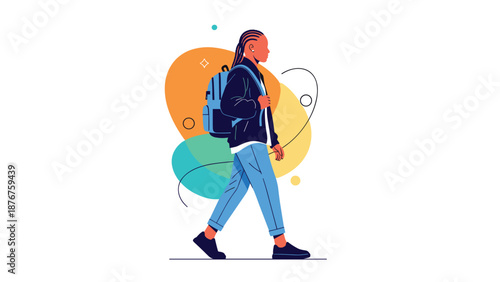 Young student with braids and a blue backpack walking forward against an abstract colorful background representing education.
