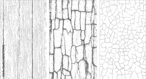 Three distinct monochrome line textures presented side by side featuring vertical wood grain, rough cracked bark, and a fine web of cracks