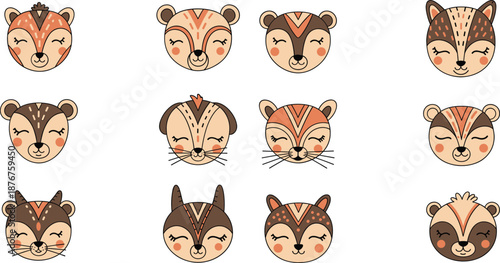 Cute wild animal face icon set with smiling forest creatures in minimal flat vector illustration