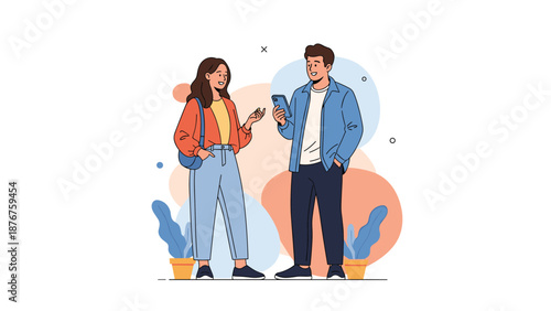 Young man and woman standing and having a friendly conversation while the man holds a smartphone in a casual environment.