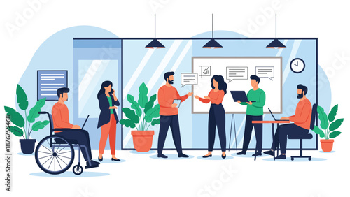 Diverse group of professional employees working together in a large open plan office including a person in a wheelchair.