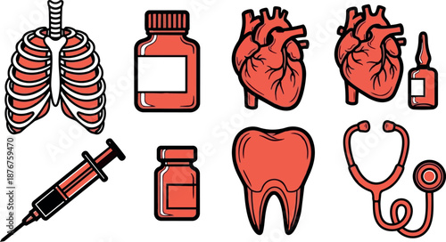 Hand drawn flat design medical icons heart lungs stethoscope syringe tooth bottles set illustration