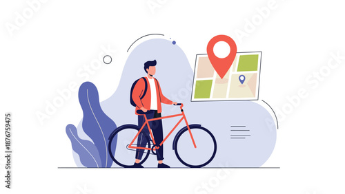 Male traveler with a backpack standing next to his bicycle and looking at a digital map with a location pin for navigation.