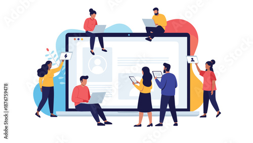 Team of professional business people collaborating around a large digital computer screen representing online platform.