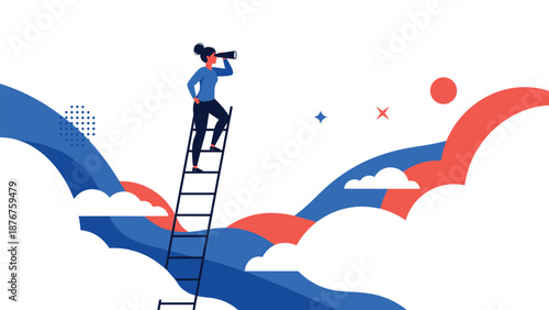 Ambitious woman climbing a tall ladder and using binoculars to search for future career opportunities above abstract clouds.