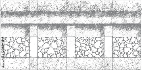 Detailed cross-section of layered geological strata and soil composition with varying textures and granular structures depicted in a monochromatic style