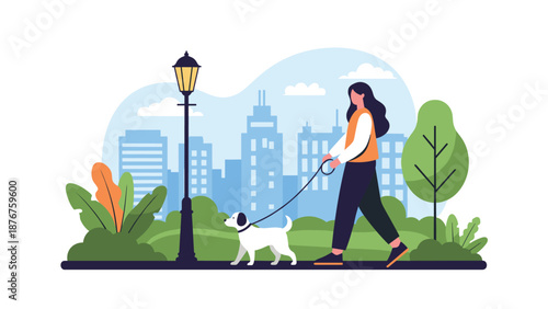 Young woman walking her small white dog on a leash in a beautiful city park with green trees and urban skyscrapers.