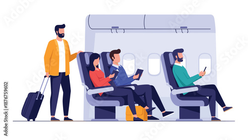 Passengers sitting in seats inside an airplane cabin while a man with a suitcase enters to find his assigned seat for travel.