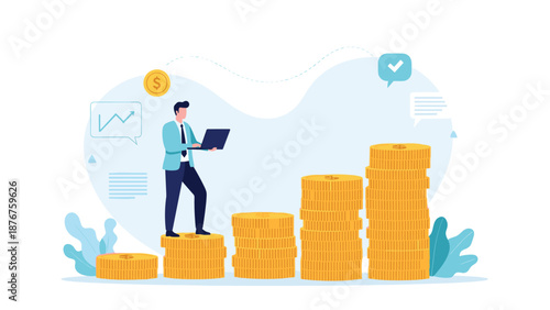 Successful businessman standing on top of a growing stack of gold coins while working on his laptop for financial growth.