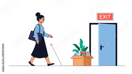 Woman carrying her belongings in a box and walking towards an office exit door representing resignation from a job.