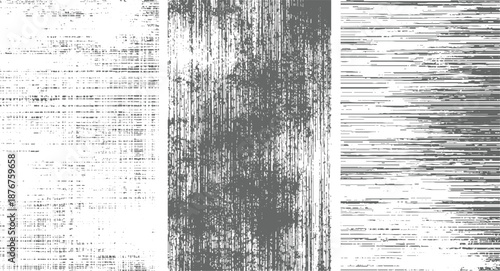 Abstract monochrome textures showcasing distressed linear patterns, chaotic scribbles, and dense horizontal lines offering versatile grunge and noise for digital