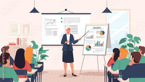 Professional female educator standing in front of a class and giving a presentation with charts and reports on boards.