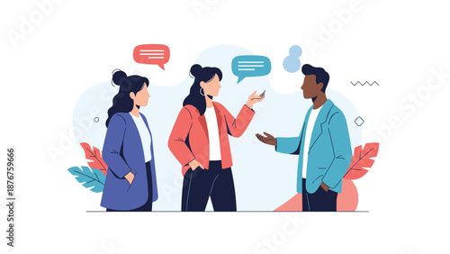 Three professional coworkers standing and having a productive discussion in a modern office lobby with abstract plants.