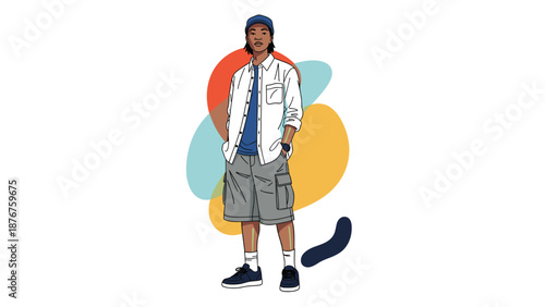 Stylish young man wearing cargo shorts and a white shirt standing confidently against a colorful abstract background.
