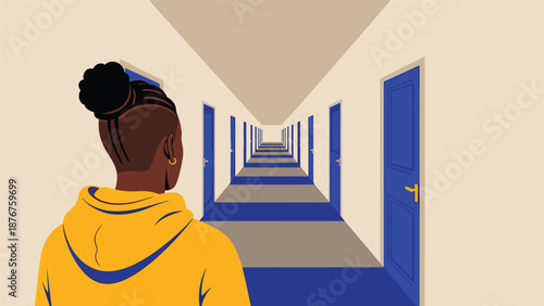 Young woman standing at the entrance of a very long corridor with many blue doors representing life choices and paths.