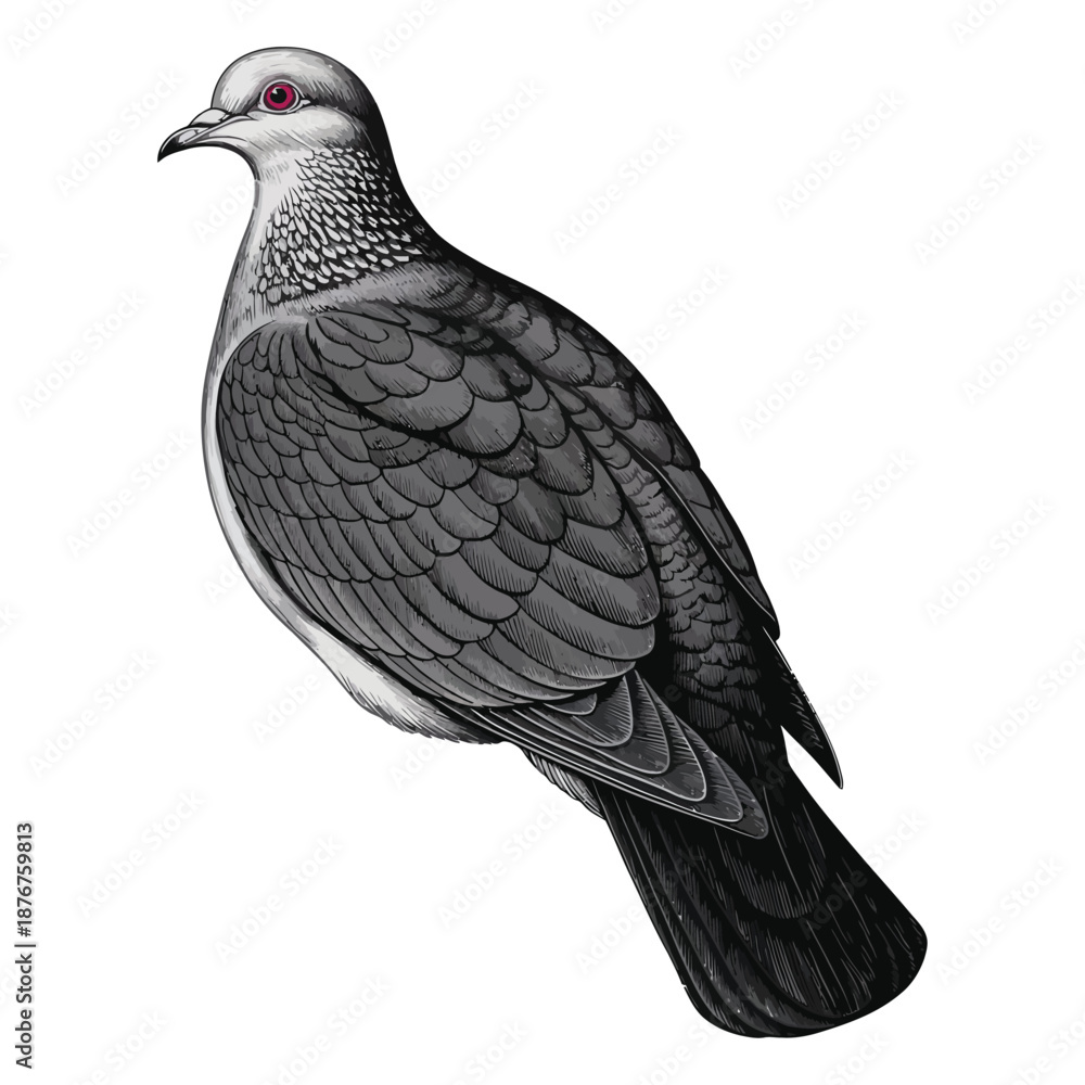 Fototapeta premium A black bird with red eyes and a black beak on a white background is a pigeon looking very alert and still.