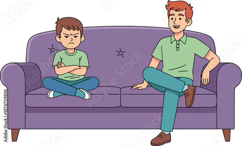 Father talking calmly to angry son sitting on sofa flat vector illustration for family parenting communication concept