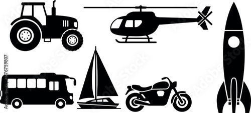 Black silhouette icons of tractor helicopter rocket sailboat motorcycle and bus flat design transportation symbols