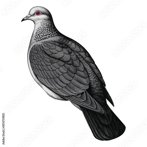 A black bird with red eyes and a black beak on a white background is a pigeon looking very alert and still.
