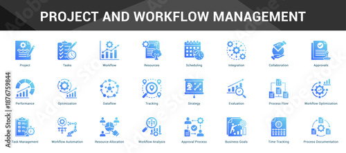 Project And Workflow Management Cohesive set of minimalist vector icons representing key ideas with visual clarity