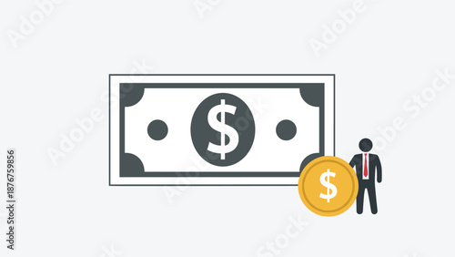 Minimalist graphic design showing a large dollar bill and a gold coin next to a tiny businessman figure representing wealth.