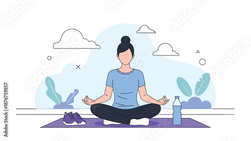 Calm woman sitting in lotus pose and practicing yoga on a mat in a room with clouds and plants representing mindfulness.