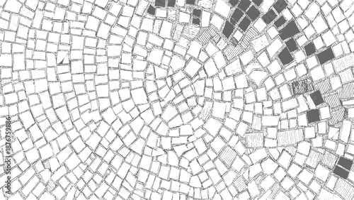 Abstract radial mosaic pattern with irregular tesserae and varied textures creating a dynamic visual effect