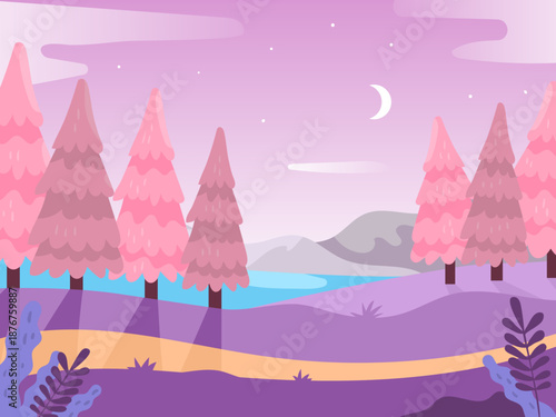 Fantasy landscape with pink trees under night sky