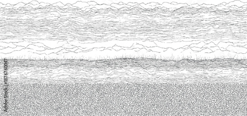 Abstract layered composition with wavy lines, granular texture, and cracked earth in grey tones